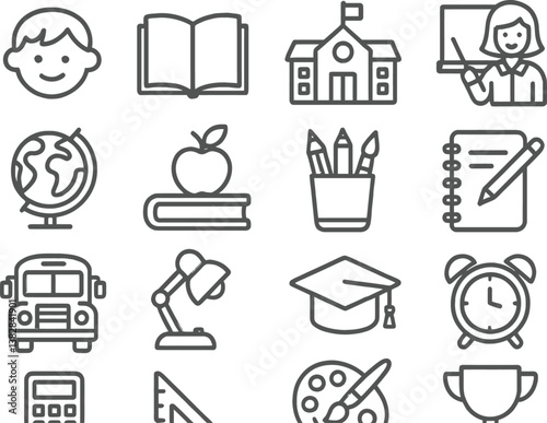 Line icons representing various elements of education and learning environments featuring students, teachers, and school supplies