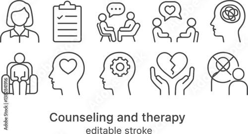 Diverse line icons representing counseling and therapy concepts for mental health support and well-being