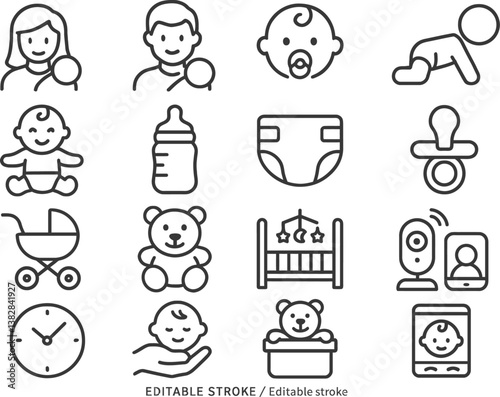 Illustration of baby care essentials featuring line icons of various items and activities related to infants and toddlers