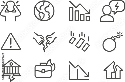 Vector illustration of line icons depicting stress, global issues, economic decline, and danger signals in a modern design
