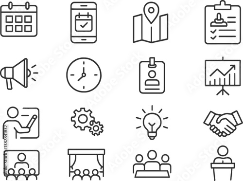Vector illustration showcasing various line icons depicting organization, communication, and productivity themes in a modern workspace setting