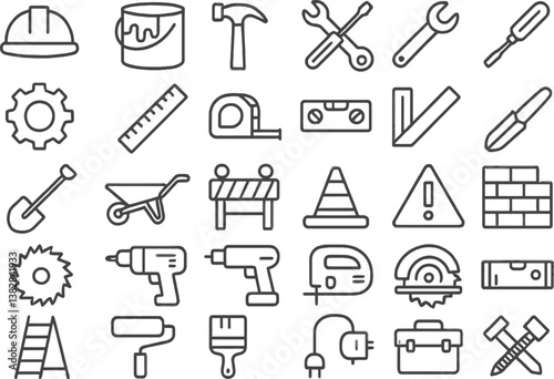 Vector illustration showcasing various line icons related to construction tools and equipment for builders and craftsmen