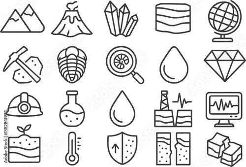 Line icons representing mining, geology, and earth sciences in a clear vector illustration style