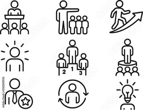 Vector illustration of various line icons depicting leadership, success, teamwork, and personal growth concepts in a modern style