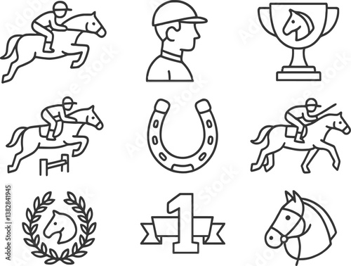 Vector illustration of equestrian sports icons featuring jockeys, horses, trophies, and racing symbols