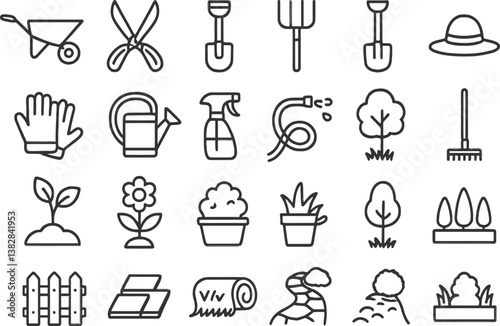 Collection of vector line icons representing various gardening tools and plants in a minimalist style for nature enthusiasts