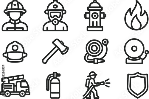 Fire safety vector illustration with line icons representing firefighting tools and personnel activities