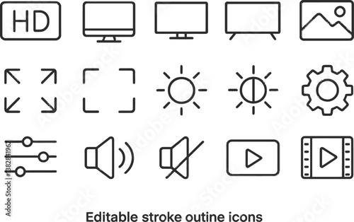 Vector illustration line icons depicting multimedia settings and controls for digital content viewing experience
