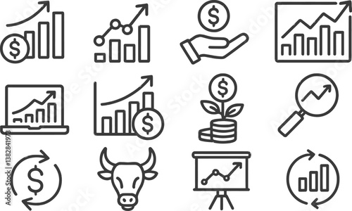 Vector illustration of financial icons showcasing growth, investment, and market analysis in a modern style