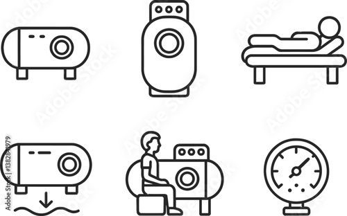 Line icons displaying various types of medical and therapeutic equipment in a clean design suitable for healthcare contexts