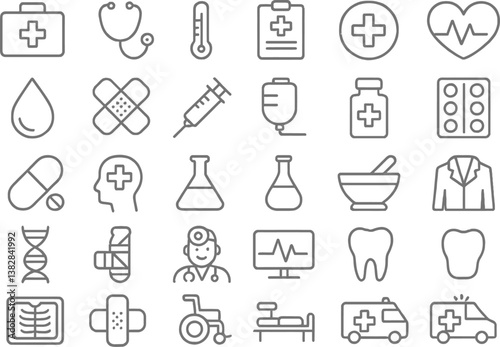 Medical and health-related vector line icons representing tools, practices, and symbols in a professional and educational context