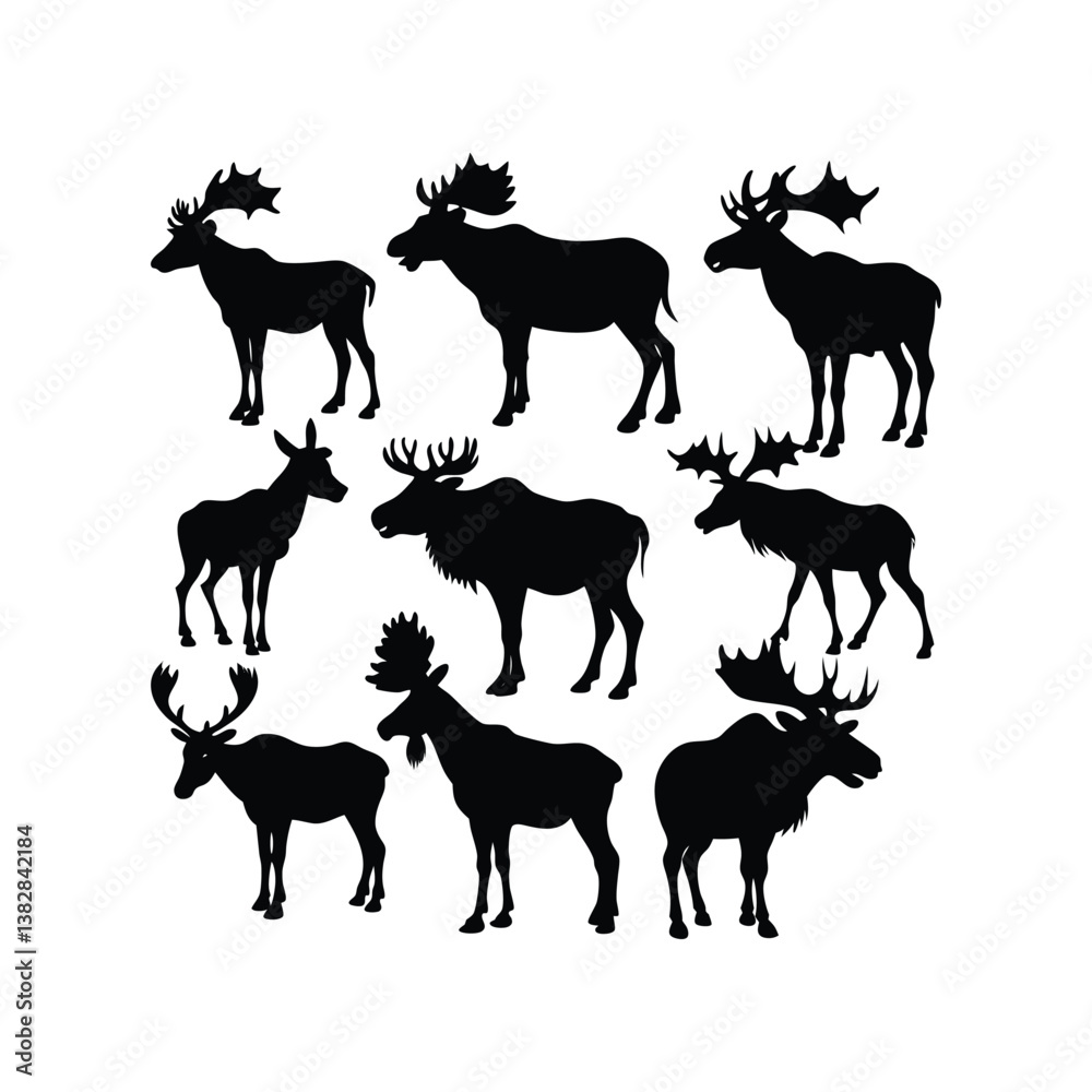Fototapeta premium A black moose silhouette vector illustration depicts a wild mammal with antlers isolated on white.
