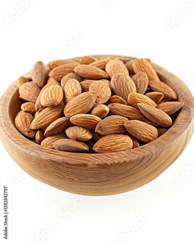 A wooden bowl of raw, unpeeled almond nuts against a white background.