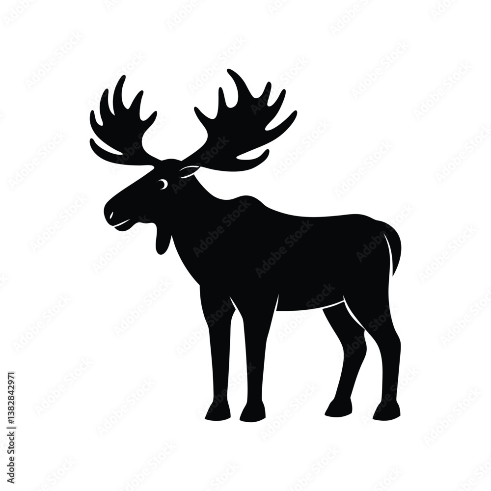 A black moose silhouette vector illustration depicts a wild mammal with antlers isolated on white. A black moose silhouette vector illustration depicts a wild mammal with antlers isolated on white.