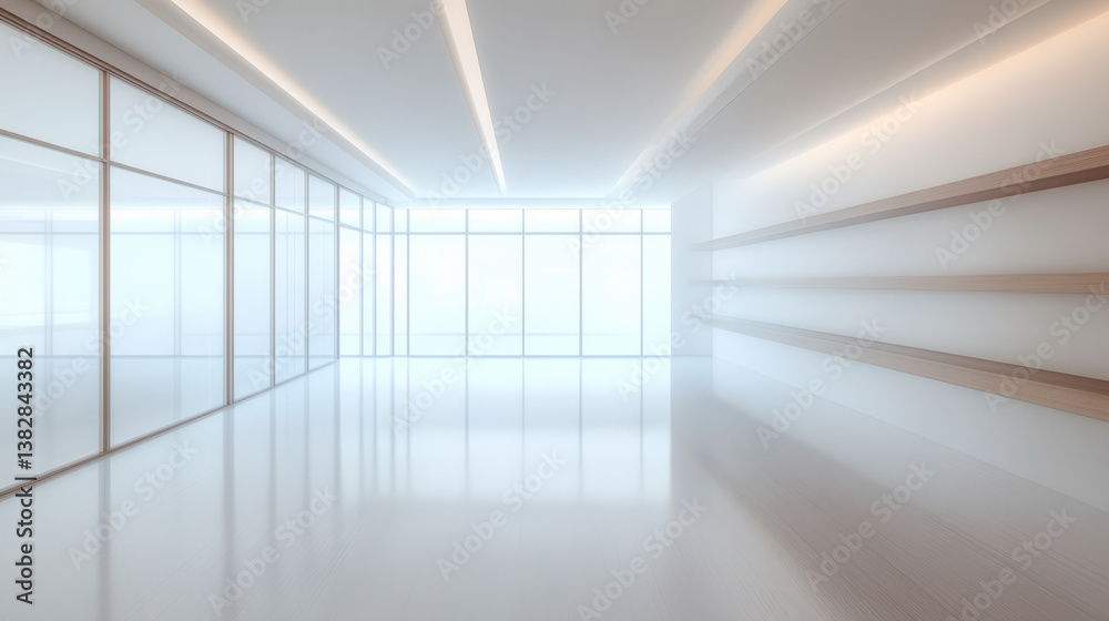 Fototapeta premium Modern interior design of a spacious bright room with glass walls and minimalistic features