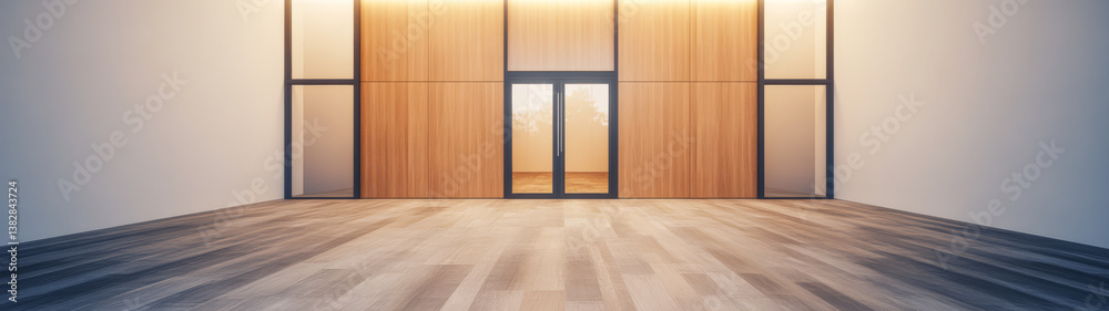 Fototapeta premium Modern interior space with wooden elements and glass doors in a minimalist design