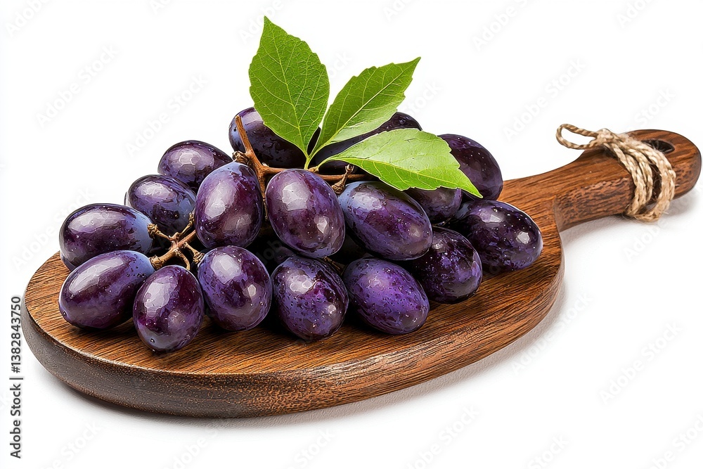 Fototapeta premium Dark Purple Grapes on Rustic Wooden Board