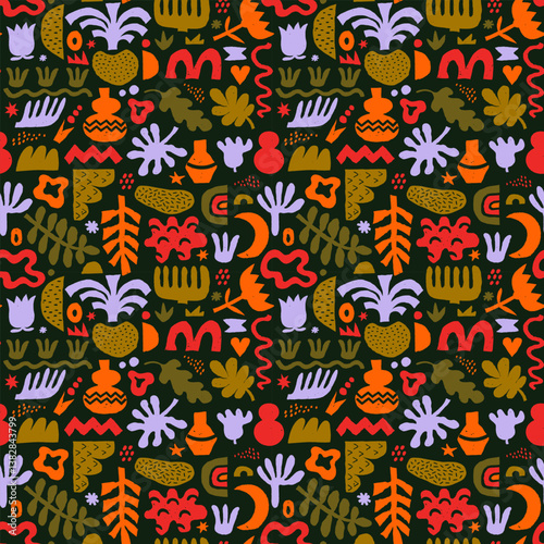 Abstract organic shape seamless pattern with naive geometric doodles.