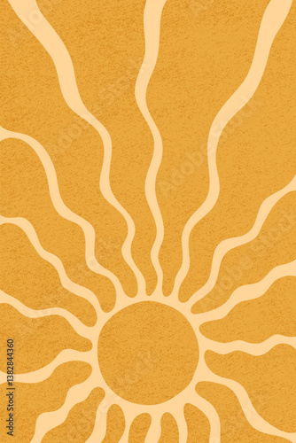 Abstract retro summer sun poster. Groovy sun with wavy rays and vintage grain...