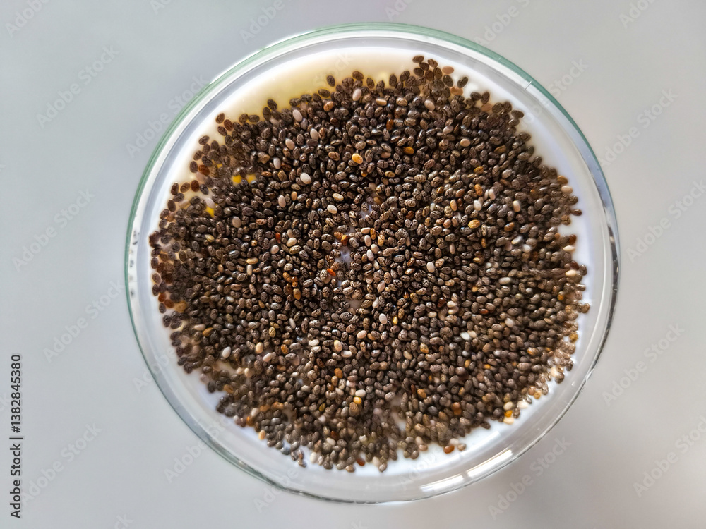 Chia seeds on kefir drink. Healthy drink .