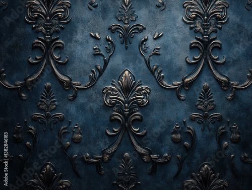 Elegant baroque pattern on textured blue background with intricate floral ornaments and vintage style for luxurious designs