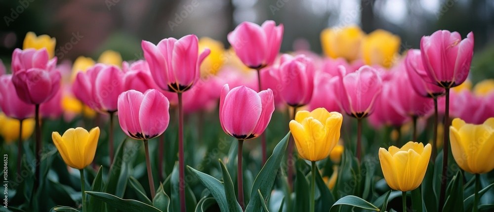 Captivating Field of Pink and Yellow Tulips in Full Bloom Awaits Springtime Serenity and Floral Beauty with Lush Greenery and Gentle Bokeh Captivating Field of Pink and Yellow Tulips in Full Bloom Awaits Springtime Serenity and Floral Beauty with Lush Greenery and Gentle Bokeh