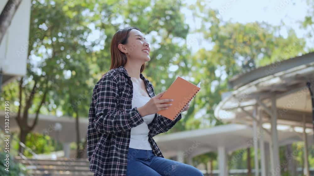 Young female student preparing her speech with focus and confidence, sitting on park steps surrounded by trees, practicing presentation with enthusiastic determination Young female student preparing her speech with focus and confidence, sitting on park steps surrounded by trees, practicing presentation with enthusiastic determination