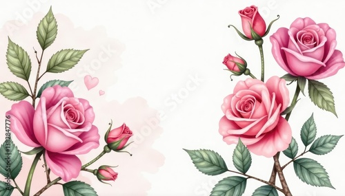 Delicate watercolor roses & leaves, soft pastel hues, print, seamless, rose
