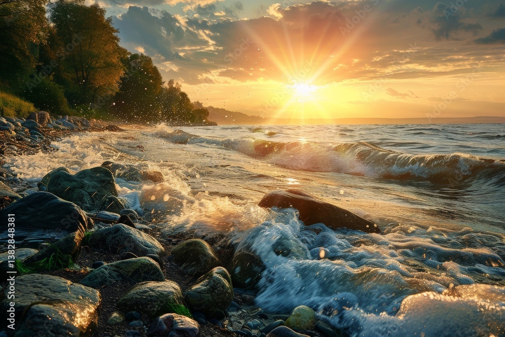 Obraz premium Sunrise over the shoreline with gentle waves and rocky beach on a calm morning in nature