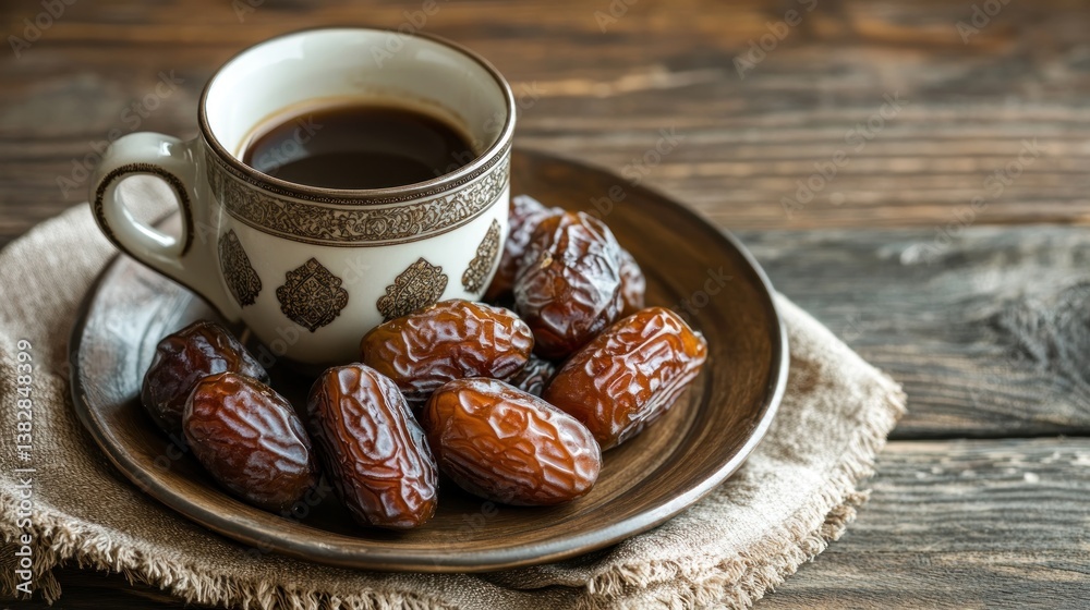 Enjoying Dates and Coffee in Rustic Setting on Wooden Surface