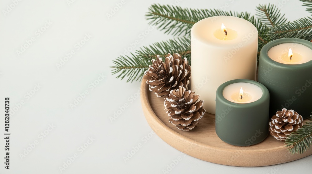Elegant Neutral Toned Christmas Setting with Candles, Pinecones, and Greenery in Soft Light Elegant Neutral Toned Christmas Setting with Candles, Pinecones, and Greenery in Soft Light