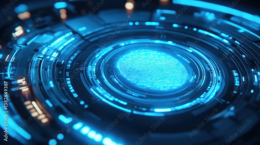 Glowing Blue Fingerprint Scan on Futuristic Circuit Board Background