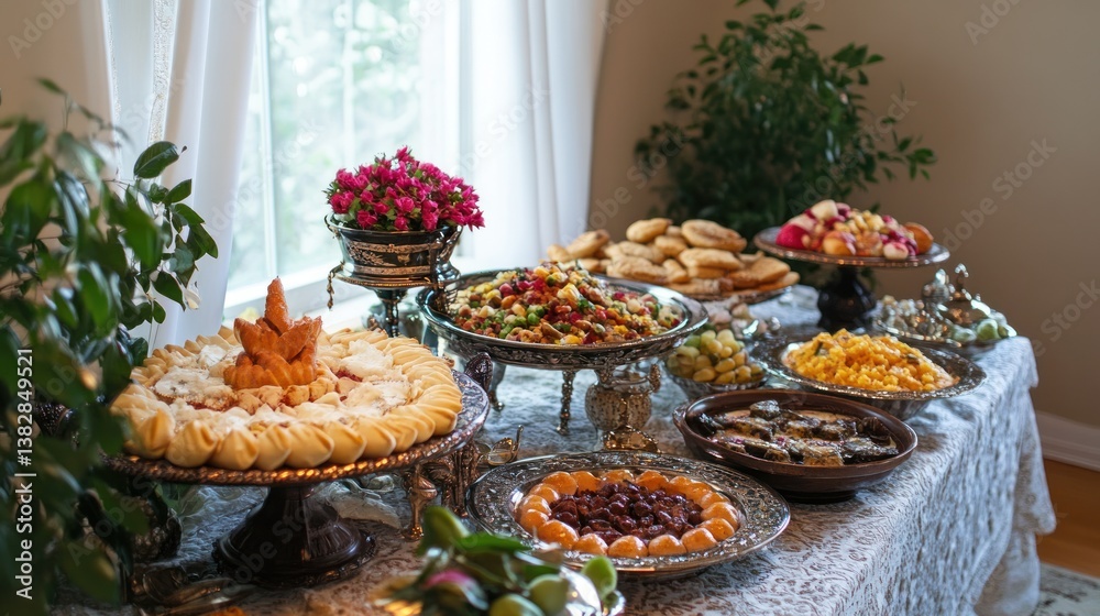 Festive Array of Diverse Desserts Elegantly Displayed on Antique Table