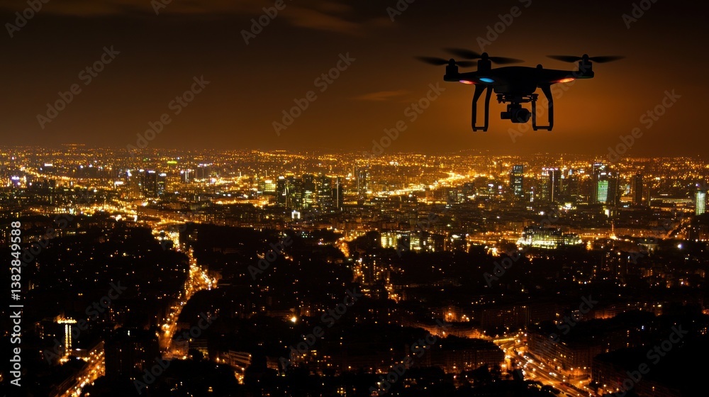 Drone Flying Above City at Night with Bright City Lights
