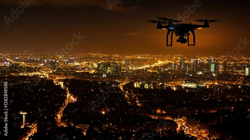 Obraz na płótnie Drone Flying Above City at Night with Bright City Lights w salonie