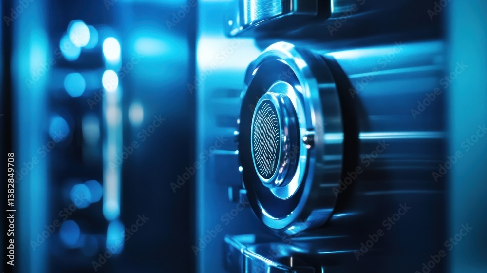 Fingerprint Scan on Secure Metal Lock with Blue Light Ambiance