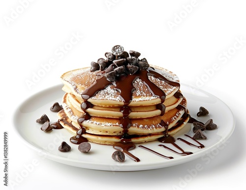 Photo of A stack of pancakes with chocolate chips and drizzled in dark brown sauce on white plate,
