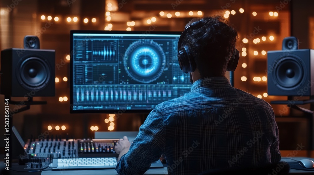 Man Producing Audio with Headphones in Dark Professional Recording Studio
