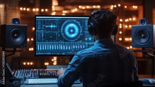 Obraz na płótnie Man Producing Audio with Headphones in Dark Professional Recording Studio w salonie