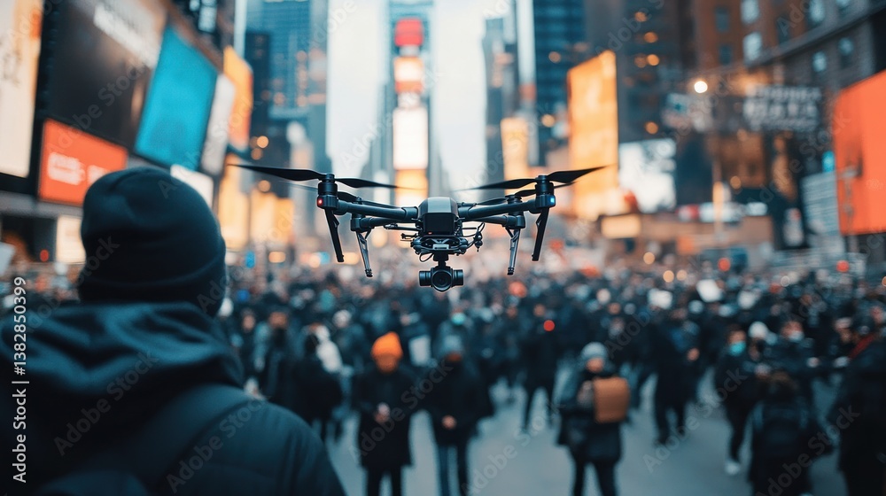 Flying Drone Captures City Crowd Scene Above Busy Urban Area