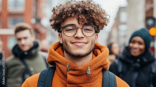 Group of Strangers Exchanging Warm Smiles in Urban Environment on a Crisp Day