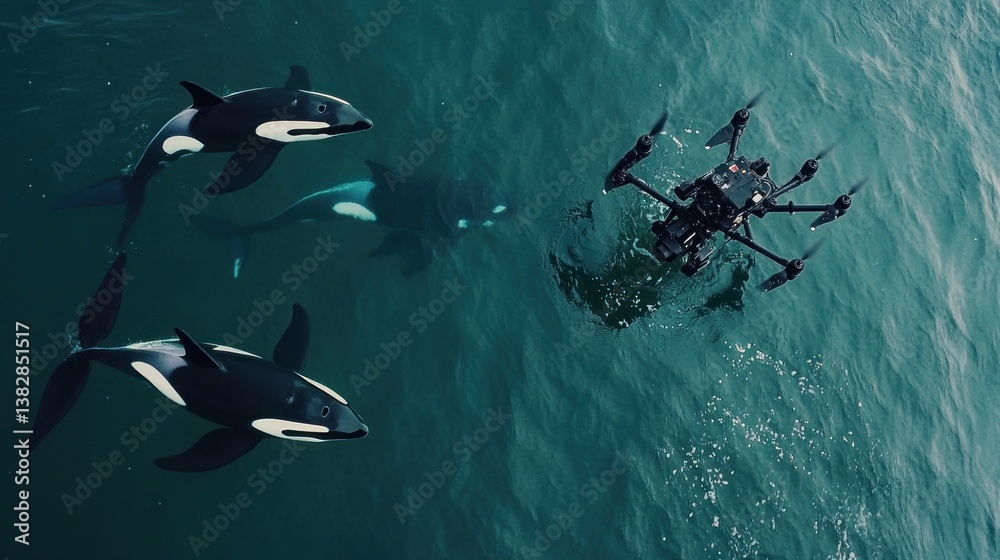 Drone Flying Over Ocean Water with Orcas Swimming Underneath It