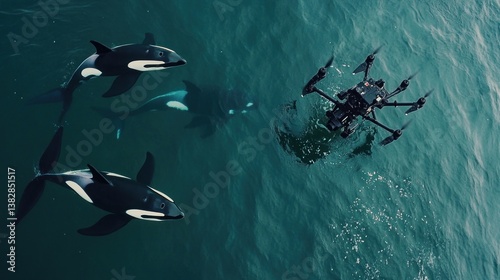 Obraz na płótnie Drone Flying Over Ocean Water with Orcas Swimming Underneath It w salonie