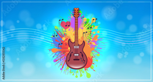 Vector music postcard, bright poster. Modern cartoon six-string bass guitar, color blots and splashes. Toon musical instrument. Sound, notes, waves and effect bokeh