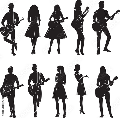 "Elegant Guitarist Silhouettes" or "Musical Princesses with Guitars