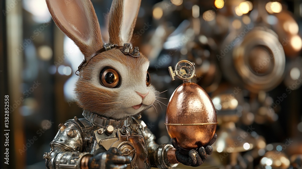Steampunk Bunny Holding Egg with Clock Mechanism in Detailed Setting