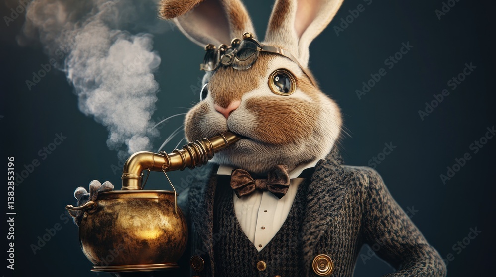 Steampunk Rabbit with Pipe Blowing Smoke Wearing Tweed Suit