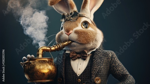 Obraz na płótnie Steampunk Rabbit with Pipe Blowing Smoke Wearing Tweed Suit w salonie