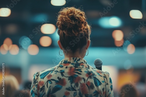 Confident female speaker on stage holding microphone at public event