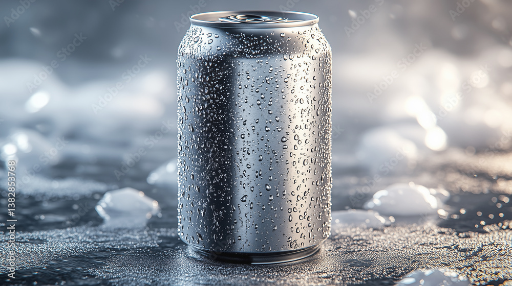 Chilled aluminum can with water droplets on a reflective surface Chilled aluminum can with water droplets on a reflective surface